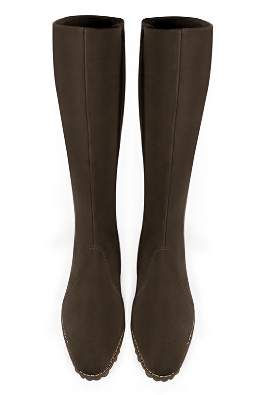 Chocolate brown women's riding knee-high boots. Round toe. Medium block heels. Made to measure. Top view - Florence KOOIJMAN